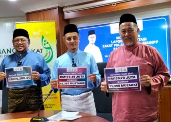 MOHAMAD Abdul Hamid (tengah) ketika membentangkan laporan prestasi kutipan dan agihan ZPP bagi tahun 2023 di Ibu Pejabat ZPP, di Bukit Mertajam, Pulau Pinang.