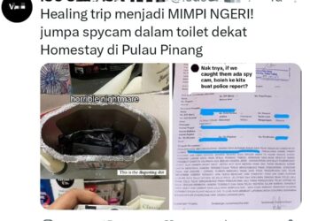 TANGKAP layar yang diambil daripada satu hantaran di laman Twitter mengenai dakwaan seorang wanita yang percaya dirinya telah menjadi mangsa intipan menggunakan kamera tersembunyi di sebuah inap desa, di Jelutong, Pulau Pinang.