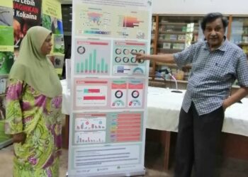 MOHIDEEN Abdul Kader (kanan) dan Hatijah Hashim menunjukkan keputusan analisis yang dijalankan ke atas 32 sampel kosmetik dan produk penjagaan diri bagi kanak-kanak yang dikesan mengandungi EDC dalam sidang akhbar di Pejabat CAP, George Town, Pulau Pinang