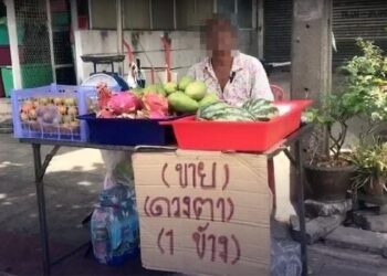 GAMBAR menunjukkan seorang lelaki sedang menjual buah-buahan dengan sepanduk tertera mesej 'mata untuk dijual'. - AGENSI 