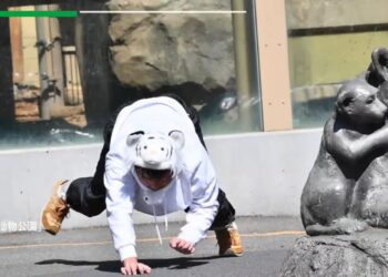 SEORANG pekerja zoo memakai kostum harimau putih sewaktu latihan kebakaran dan kecemasan di Zoo Tobu baru-baru ini. -AGENSI