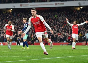 KAI Havertz meraikan jaringan kemenangan Arsenal menentang Brentford dalam saingan Liga Perdana Inggeris di Stadium Emirates, London, kelmarin. Arsenal menang 2-1 pada perlawanan tersebut. – AFP