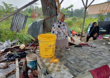 NORHAYATI Muhammad melihat peralatan gerainya musnah dirempuh kawanan gajah liar di persimpangan masuk Kampung Kuala Sat, Ulu Tembeling di Jerantut, Pahang. - FOTO/IHSAN PENDUDUK KUALA SAT