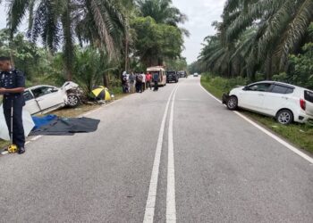 DUA maut dalam kemalangan membabitkan dua kenderaan di Jalan Kampung Salong, di Chini, Pekan, Pahang. - FOTO IHSAN POLIS PEKAN
