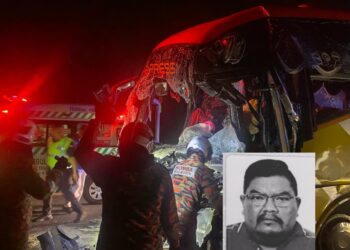 ZULKARNAIN Jalil (gambar kecil) maut di tempat kejadian selepas bas ekspres dipandunya merempuh belakang sebuah treler di Kilometer 220.4 PLUS arah utara berhampiran Alor Gajah, Melaka.