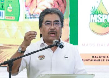 JOHARI Abdul Ghani berucap pada Majlis MoU antara FGV dan MSPO serta Pelancaran Label Baharu Minyak Masak Saji dengan Logo MSPO di AEON Big Wangsa Maju, Kuala Lumpur, hari ini. - UTUSAN/AFIQ RAZALI