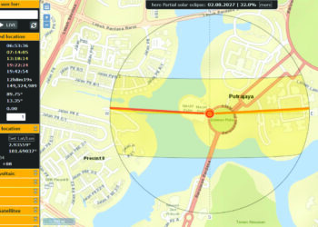 TANGKAP layar daripada portal SunCalc yang memaparkan kedudukan zenith ketika berlaku kejadian Lahaina Noon di Masjid Putra, Putrajaya esok.