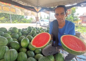 MOHD. Rizduan Hasan menunjukkan buah tembikai yang dijual di tepi jalan di Kota Kuala Muda, Sungai Petani. -UTUSAN/NUR SYAZWANA MANSOR