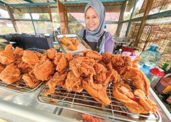 NORMELYANA Asli Nor masih memperoleh untung meskipun menjual ayam goreng pada harga RM1 di Kampung Raja Dagang, Pasir Puteh, Kelantan. – UTUSAN/TOREK SULONG