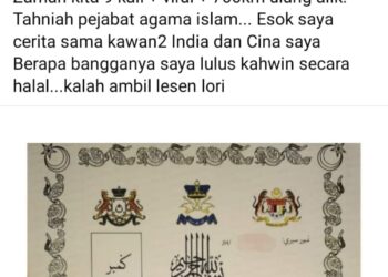 TANGKAP layar yang diambil daripada laman Facebook seorang pemuda mualaf yang mendakwa dia terpaksa berulang alik sehingga sembilan kali ke Pejabat Agama Daerah Barat Daya bagi mendapatkan sijil nikahnya di Pulau Pinang.