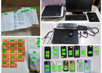 SEBAHAGIAN barangan yang dirampas dalam serbuan polis di sebuah pusat panggilan sindiket pelaburan dalam talian tidak wujud di Seremban 2, Seremban semalam.