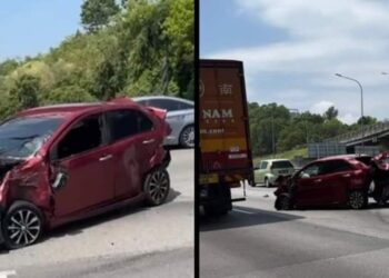 KEADAAN sebuah kereta Perodua Bezza yang terbabit dalam kejadian kemalangan di Kilometer 283 Lebuhraya Utara-Selatan, arah selatan dekat Nilai, Seremban Khamis lalu.-GAMBAR/MEDIA SOSIAL.