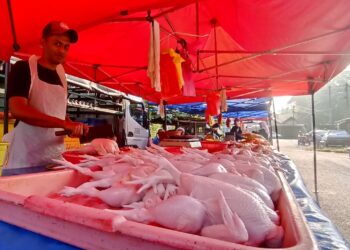 Seorang pekerja Abdul Hamid Jaafar memotong ayam untuk pelanggan di pasar pagi Kampar, Perak, hari ini.