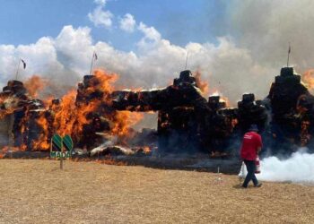 JERAMI gulung yang dipamerkan oleh MADA hangus terbakar di Kampung Sungai Kering, Jalan Pulau Bunting, Yan.