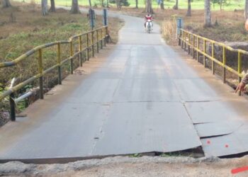 PIHAK bertanggungjawab perlu mengambil tindakan segera membaiki lantai dan gelegar jambatan besi ke Perkampungan Orang Asli Sungai Kiol di Jerantut, Pahang.