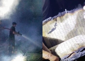 TANGKAP layar keadaan senaskah al-Quran ditemukan di kawasan rumah yang terbakar di Desa Loka, Sulawesi Tenggara.-AGENSI