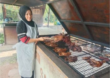 ASRAH Ahmad menunjukkan ikan patin dan tilapia yang siap disalai untuk dijual di gerai berdekatan Kampung Jerantut Feri di Jerantut, Pahang. – UTUSAN/HARIS FADILAH AHMAD