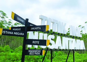 This picture taken on August 14, 2022 shows directions at Titik Nol Nusantara (ground zero Nusantara), the future capital city for Indonesia, in Sepaku, Penajam Paser Utara, East Kalimantan. Located in eastern Borneo -- the world's third-largest island -- Nusantara is set to replace sinking and polluted Jakarta as Indonesia's political centre by late 2024. (Photo by Adek BERRY / AFP) / TO GO WITH Indonesia-environment, SPECIAL REPORT by Marchio Gorbiano and Dessy Sagita