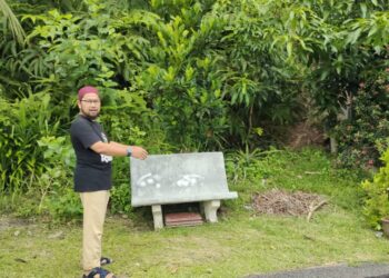 PENDUDUK Taman Gunung Mas 2, Tampin, Haris Hamidi Hassan menunjukkan kawasan di mana dia melihat kehadiran harimau kumbang di taman perumahan itu, baru-baru ini. - UTUSAN/NOR AINNA HAMZAH