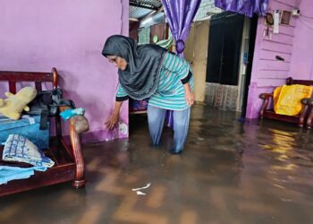 ZALEHA Adam menunjukkan keadaan rumahnya yang terjejas banjir kilat dalam kejadian di Kampung Baru Chengkau Ulu, Rembau pagi semalam.-UTUSAN/NOR AINNA HAMZAH.