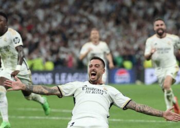 Joselu meraikan jaringan gol menentang Bayern Munich dalam aksi separuh akhir Liga Juara-Juara di Santiago Bernabeu, Madrid, pagi ini. Real menang dengan agregat 4-3. - AFP