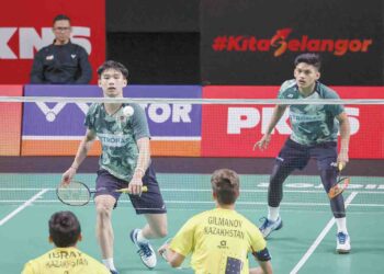 CHOONG Hon Jia (kiri) dan Muhammad Haikal Nazri tewas kepada gandingan Korea Selatan, Seo Seung Jae-Kang Min Hyuk pada aksi pusingan pertama Terbuka China 2024, hari ini. UTUSAN/AMIR KHALID