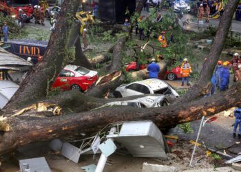 ANGGOTA-ANGGOTA Jabatan Bomba dan Penyelamat Malaysia serta Jabatan Pertahanan Awam menjalankan kerja-kerja menyelamat dan 
membersihkan kawasan pokok besar tumbang di Jalan Sultan Ismail, Kuala Lumpur, petang semalam. – UTUSAN/FARIZ RUSADIO