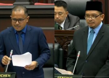 SUHAIMIZAN Bizar (kiri) dan Mohd. Fairuz sewaktu berucap pada sesi perbahasan Usul Menjunjung Kasih Titah Ucapan Diraja pada hari ketiga Persidangan Pertama (Perasmian) Penggal Kedua, DUN Negeri Sembilan hari ini.