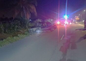 KEADAAN kemalangan yang mengorbankan nyawa seorang wanita dalam kejadian di kilometer tujuh, Jalan Bahau-Batu Kikir, Jempol awal pagi tadi.-GAMBAR/IHSAN POLIS.