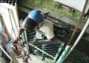 TANGKAP layar satu rakaman video menunjukkan seorang lelaki sedang mencuri pakaian dalam wanita di ampaian dalam satu kejadian di Titi Teras, Balik Pulau, Pulau Pinang