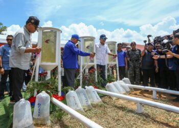 SAIFUDDIN Nasution Ismail (kiri) melepaskan anak ikan pada Majlis Peluncuran Kampung Angkat Madani KDN Kampung Beng di Lenggong hari ini. - UTUSAN/MUHAMAD NAZREEN SYAH MUSTHAFA