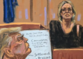 DONALD Trump melihat Stormy Daniels disoal siasat oleh pendakwa raya, Susan Hoffinger semasa perbicaraan jenayah Trump atas tuduhan bahawa dia memalsukan rekod perniagaan untuk menyembunyikan wang yang dibayar untuk menutup mulut bintang lucah Stormy Daniels pada 2016, di mahkamah negeri Manhattan di New York. -REUTERS