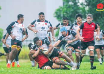 AKSI pemain ragbi 15 sebelah (15s) negara ketika berdepan Singapura dalam perlawanan persahabatan sebagai persiapan ke ARC 2024- IHSAN MALAYSIA RUGBY