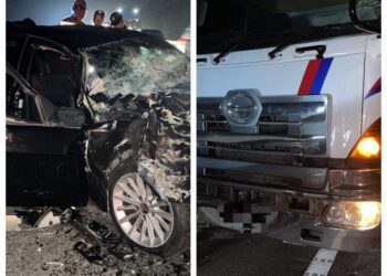KEADAAN kereta BMW yang dipandu seorang lelaki dan dinaiki tiga wanita Vietnam terlibat dalam kemalangan dengan treler di Kilometer 123.8, Lebuhraya Utara-Selatan arah selatan berhampiran Pagoh.