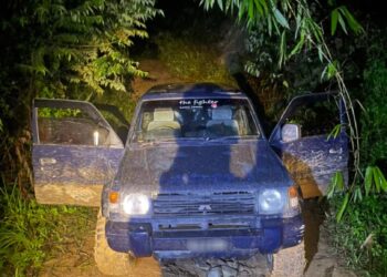 KENDERAAN pacuan empat roda yang membawa daun ketum ditinggalkan oleh penyeludup di kawasan hutan berhampiran  sempadan Malaysia-Thailand di Kuala Nerang.