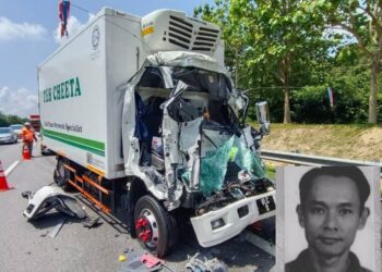 KEADAAN lori dipandu Mohd. Azmizan Stapa (gambar kecil) selepas terlibat kemalangan di Kilometer 186.8 PLUS arah utara berhampiran Jasin, Melaka.