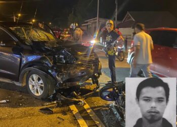 KEADAAN motosikal milik Mohd. Azlan Ramli (gambar kecil) dan kereta yang terlibat dalam kemalangan di persimpangan Jalan Gereja, Kampung Paya Tanjung, Jasin, Melaka.