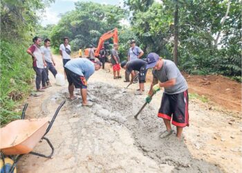 PENDUDUK kampung memperbaiki sendiri jalan yang rosak di Jalan Rosop-Dandun Pitas.