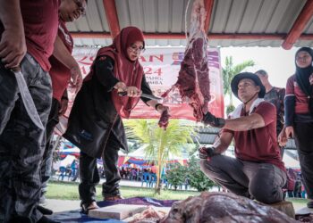 Timbalan Menteri Perumahan dan Kerajaan Tempatan, Datuk Aiman Athirah Sabu bersama Ketua Pengarah Jabatan Bomba dan Penyelamat Malaysia, Datuk Nor Hisham Mohammad melapah daging korban pada Program Ibadah Korban Sentuhan Kasih Parlimen Sepang bersama Jabatan Bomba dan Penyelamat Malaysia dan Kementerian Perumahan dan Kerajaan Tempatan (KPKT) tahun 2024 di Balai Bomba dan Penyelamat Malaysia, Cyberjaya di sini, hari ini.