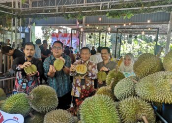 SAIDI Bundan (tengah) menunjukkan buah durian yang disajikan pada Majlis Pelancaran Pakej Agropelancongan Durian Tourism 2024/2025 di Broga Orchard Hill, Lenggeng, Seremban hari ini.-UTUSAN/NUR SHARIEZA ISMAIL.