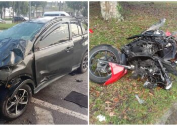 KEADAAN dua buah kenderaan yang terlibat dalam kemalangan di persimpangan lampu isyarat Persiaran Teknologi, Bandar Enstek dekat Nilai, Seremban pagi tadi.