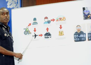 M. KUMAR menunjukkan carta aliran sindiket kegiatan pengemis warga asing dalam sidang media di IPK Johor, Johor Bahru.