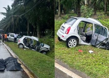 KEADAAN kenderaan yang terbabit dalam nahas mengorbankan dua beranak di Jalan Air Baning, Lakai, Jelebu petang tadi.-GAMBAR/IHSAN POLIS.