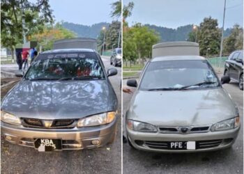 DUA buah Proton Wira diubah suai memiliki tangki tambahan ditahan PGA dalam sekatan jalan raya di Jalan Durian Burung berhampiran Kompleks ICQS Kota Putra di Padang Terap.