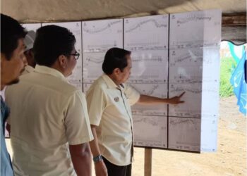 AHMAD Maslan melihat (kanan) melihat peta lokasi pembinaan jalan baharu dari simpang Ladang Serasa ke Kampung Lulut, Mukim Kuala Sungai di Gua Musang, Kelantam, semalam.