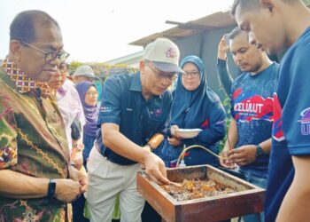 MOHAMED KHALED Nordin (kiri) melihat proses menyedut  madu kelulut dari sarangnya di PPRT Kampung Sedili Kecil, Kota Tinggi.