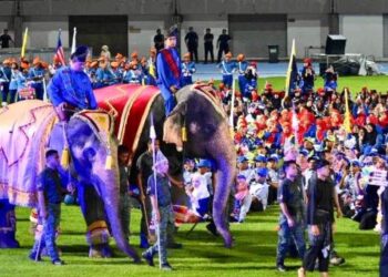 KEHADIRAN dua ekor gajah yang diarak masuk ke dalam stadium sejurus selepas acara perbarisan kontinjen berakhir menarik perhatian lebih 45,000 pengunjung bersempena sambutan Hari Kebangsaan 2024 peringkat negeri ini di Kompleks Sukan Tuanku Syed Putra, Kangar, Perlis semalam. - UTUSAN/IZLIZAN OTHMAN