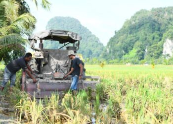 CHE Fariz Izani Che Ya (kiri) memeriksa traktor yang digunakan untuk kerja-kerja sawah di Kampung Semadong, Beseri, Padang Besar, Perlis semalam. – UTUSAN/IZLIZAN OTHMAN