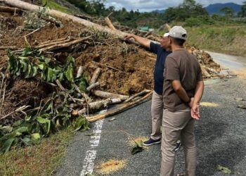 HARIS Salleh Hamzah (kiri) melihat kawasan runtuhan cerun menutupi separuh laluan Jalan Kuala Tahan-Mat Daling berdekatan Kampung Kuala Sat di Jerantut, Pahang.