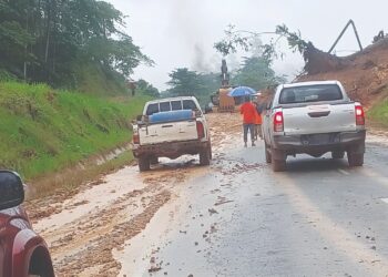 KENDERAAN terkandas dari kedua-dua hala Jalan Kuala Tahan-Mat Daling akibat runtuhan cerun di Jerantut, Pahang. - GAMBAR IHSAN PENDUDUK